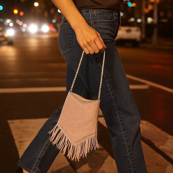 Vintage 90s/00s Blush Beaded Fringe Evening Bag w/ Rhinestone Strap - Picture 10 of 13